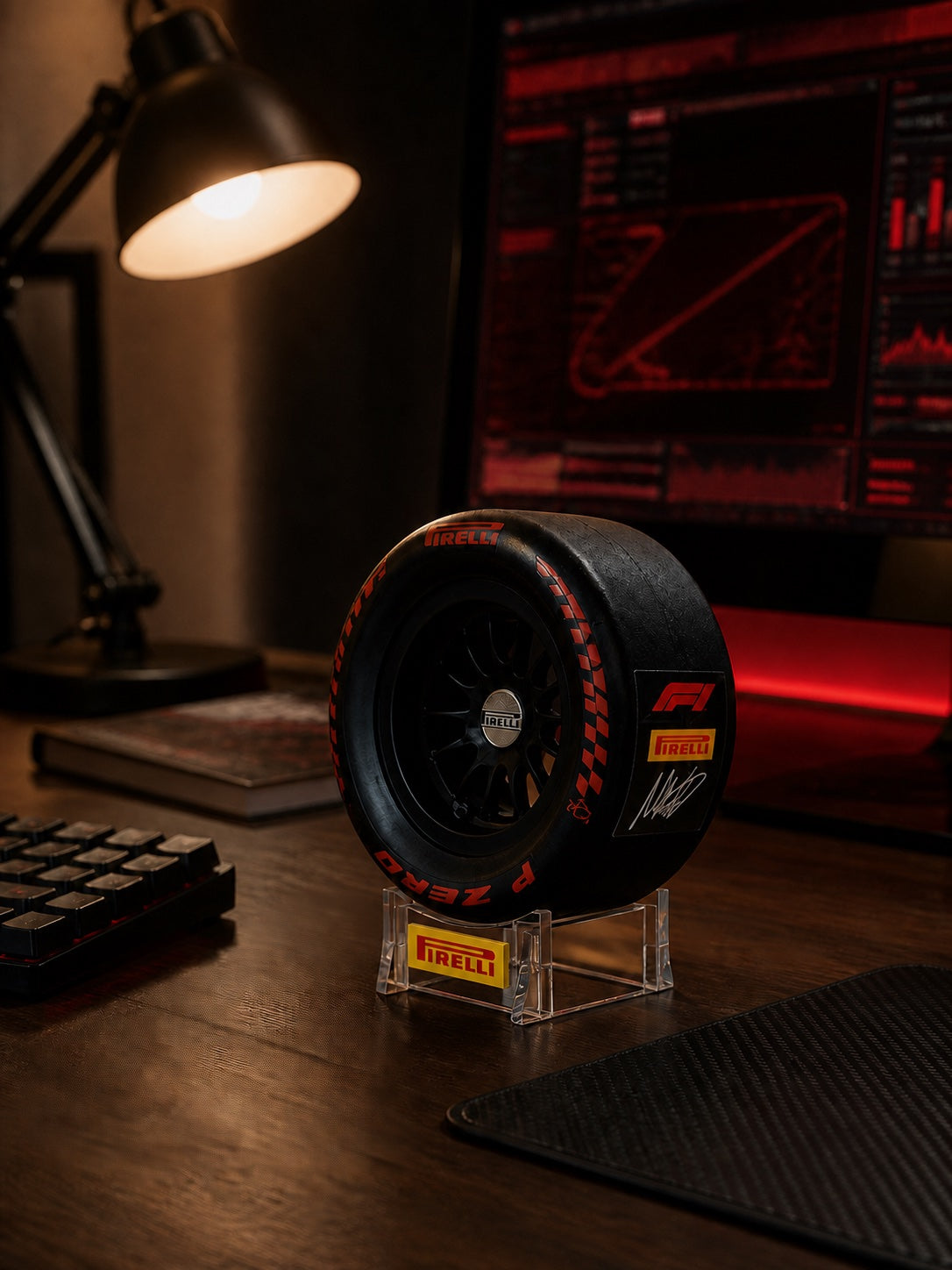 Pole position miniature racing tyre trophy on a desk