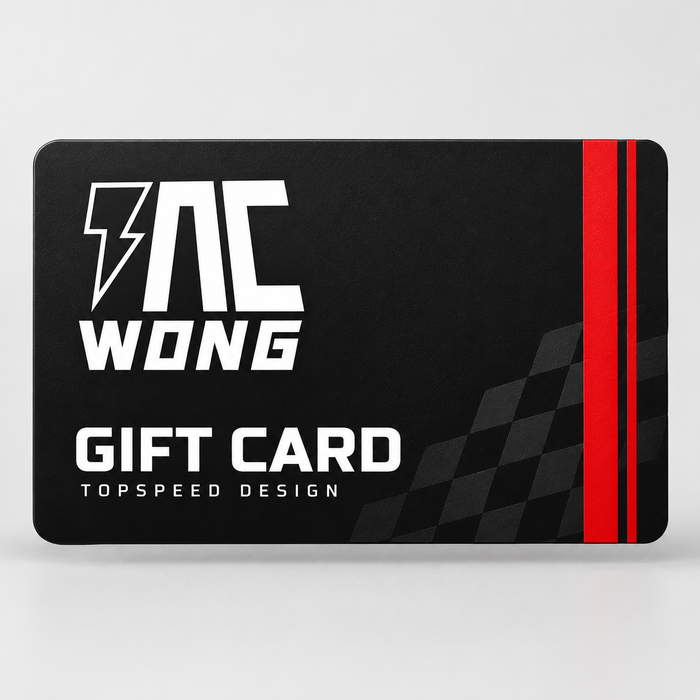 TopSpeed Design gift card with white brand logo, red racing stripes and checkered detail on a black card